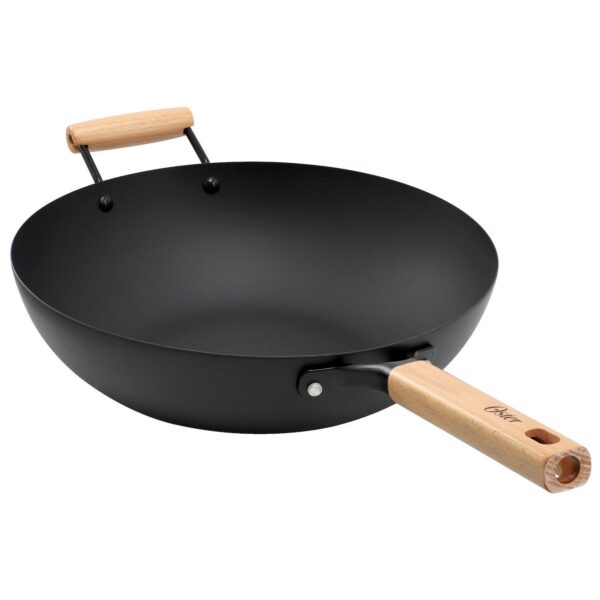 Northcliffe 13.5 Inch Round Carbon Steel Flat Base Wok with Wooden Handles