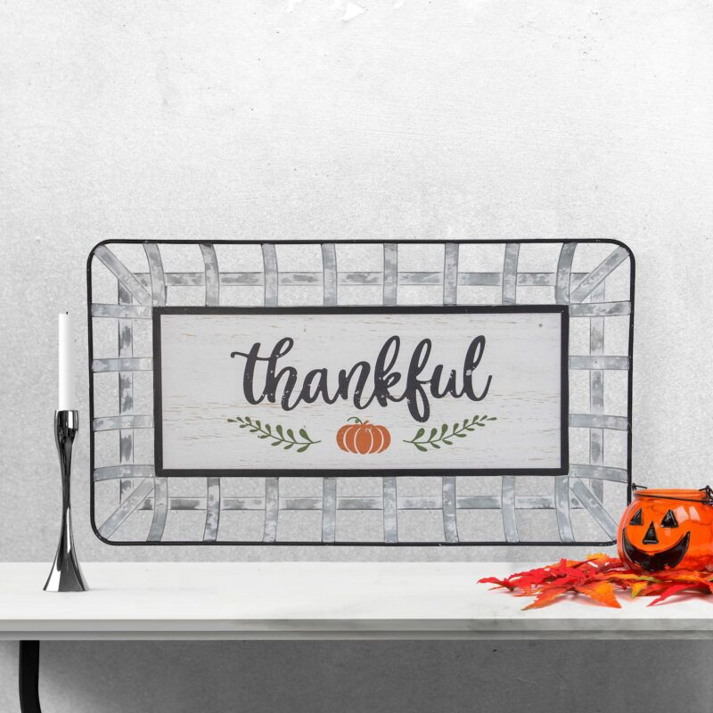 Northlight Silver and White Pumpkin  Thankful  Rectangular Fall Serving Tray Sign - Image 2