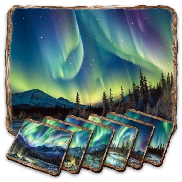 Nothern Lights Wooden Cork Placemat And Coasters Gift Set Of 7