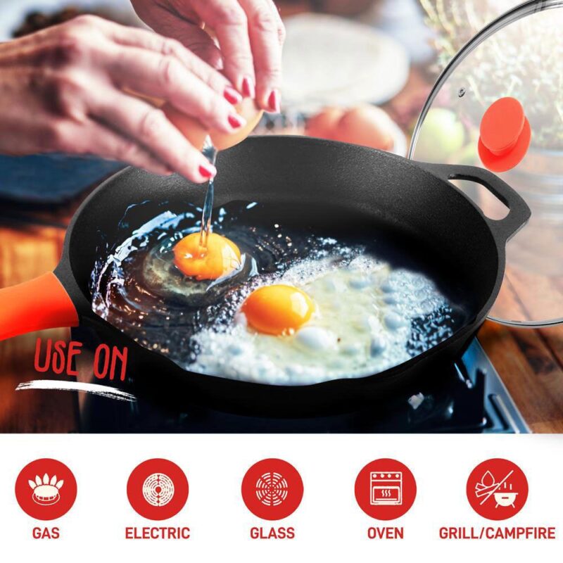 NutriChef 10  Pre Seasoned Nonstick Cast Iron Frying Pan with Lid and Handle Cover - Image 3