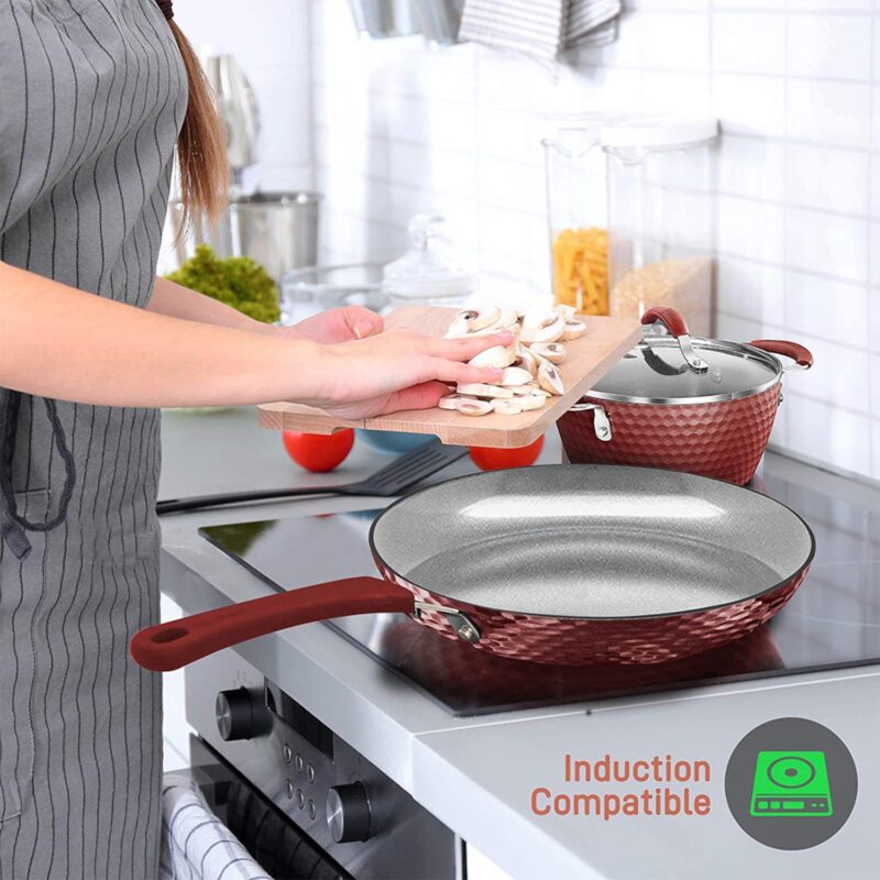 NutriChef 11 Piece Nonstick Ceramic Cooking Kitchen Cookware Pots and Pan Set, Red - Image 5