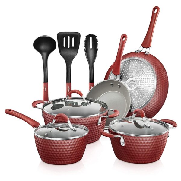 NutriChef 11 Piece Nonstick Ceramic Cooking Kitchen Cookware Pots and Pan Set, Red