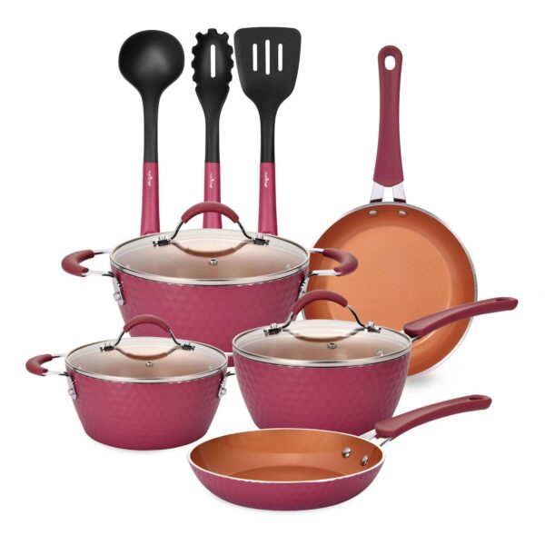 NutriChef 11 Piece Nonstick Elegant Diamond Pattern Kitchen Cookware Set, Pink