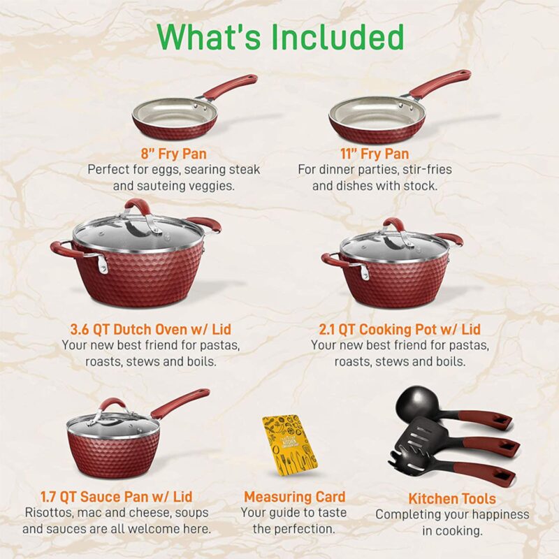 NutriChef 11 Piece Nonstick Ceramic Cooking Kitchen Cookware Pots and Pan Set, Red - Image 2