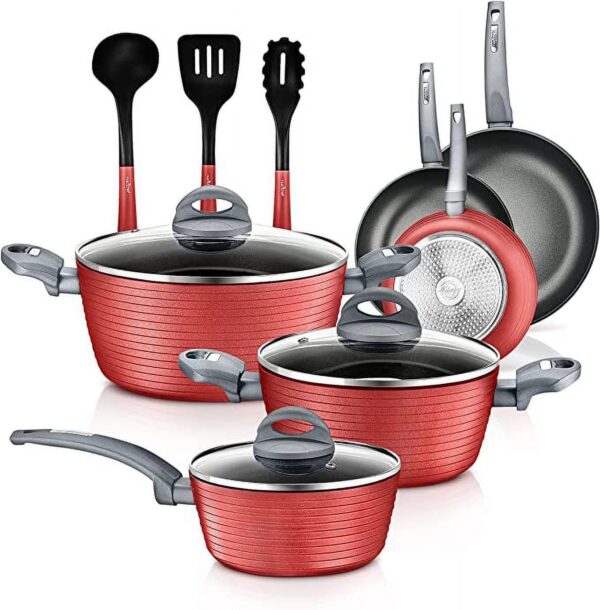 NutriChef 12-Piece Set Kitchenware Pots and Pans Stylish Cookware, Non-Stick Coating Inside and Outside