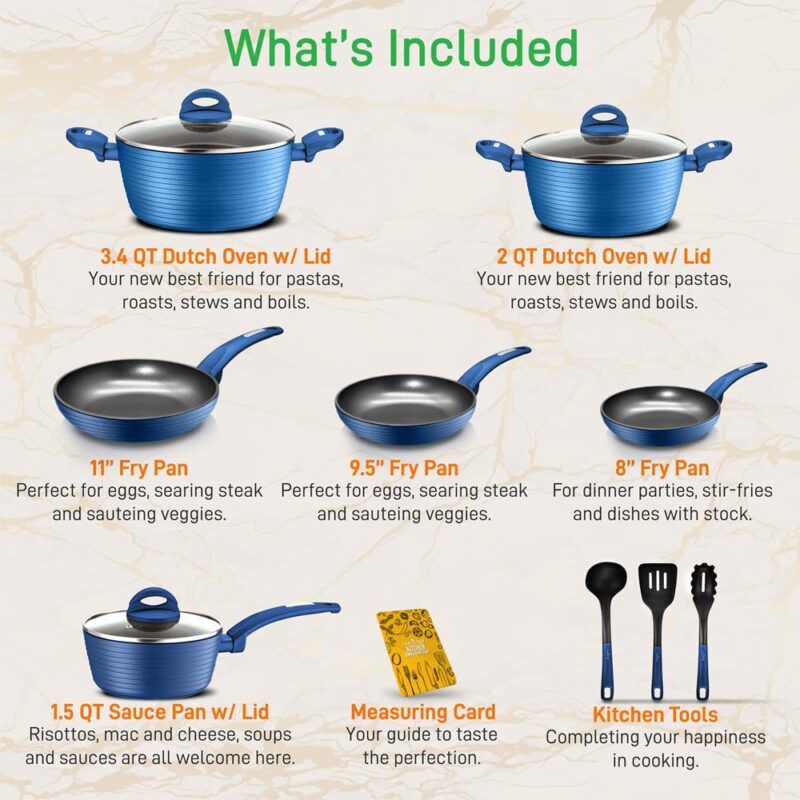 NutriChef 12pc Pots and Pans Set - Stylish Kitchen Cookware, Non-Stick Coating, Light Gray Inside and Blue Outside - Image 3
