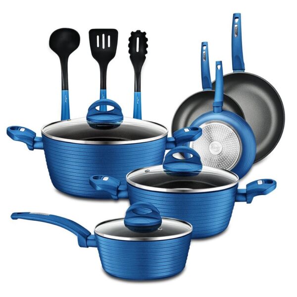 NutriChef 12pc Pots and Pans Set - Stylish Kitchen Cookware, Non-Stick Coating, Light Gray Inside and Blue Outside