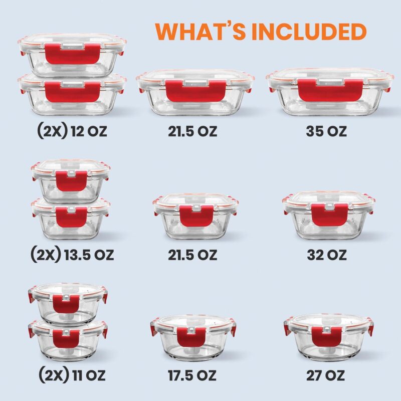 NutriChef 24-Piece Glass Food Storage Set with Locking Hinge Red Lids - Superior Quality - Image 3