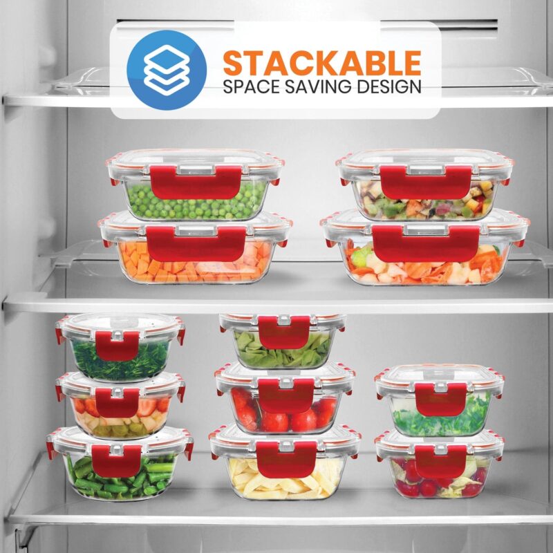 NutriChef 24-Piece Glass Food Storage Set with Locking Hinge Red Lids - Superior Quality - Image 8
