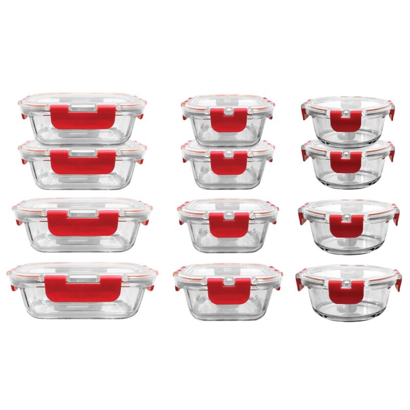 NutriChef 24-Piece Glass Food Storage Set with Locking Hinge Red Lids - Superior Quality - Image 2
