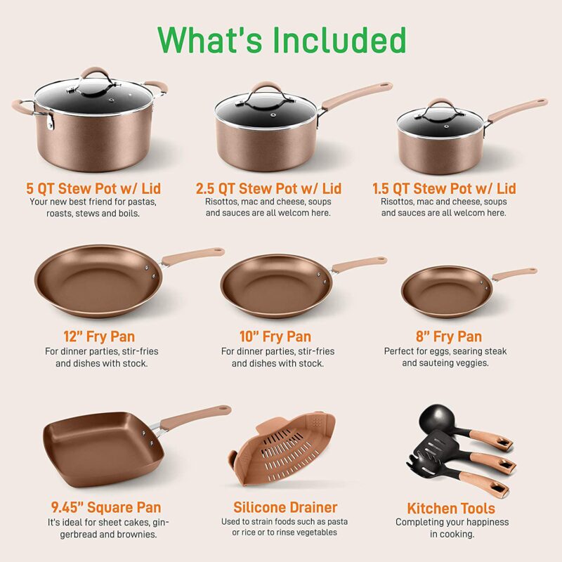 NutriChef Nonstick Cooking Kitchen Cookware Pots and Pans, 20 Piece Set, AGold - Image 2