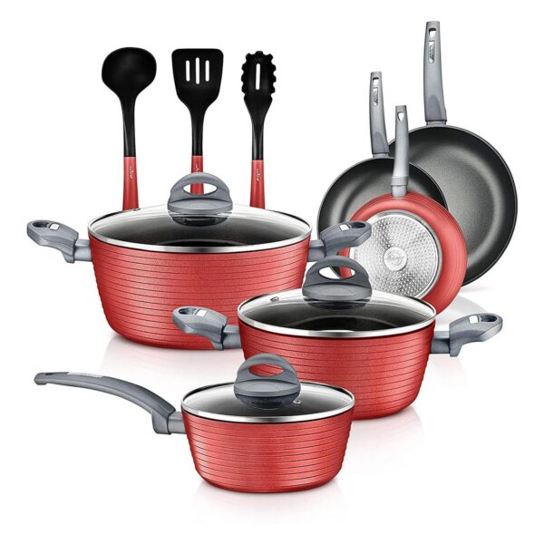 NutriChef Ridge Line Nonstick Kitchen Pots and Pans, 12 Piece Set, Red