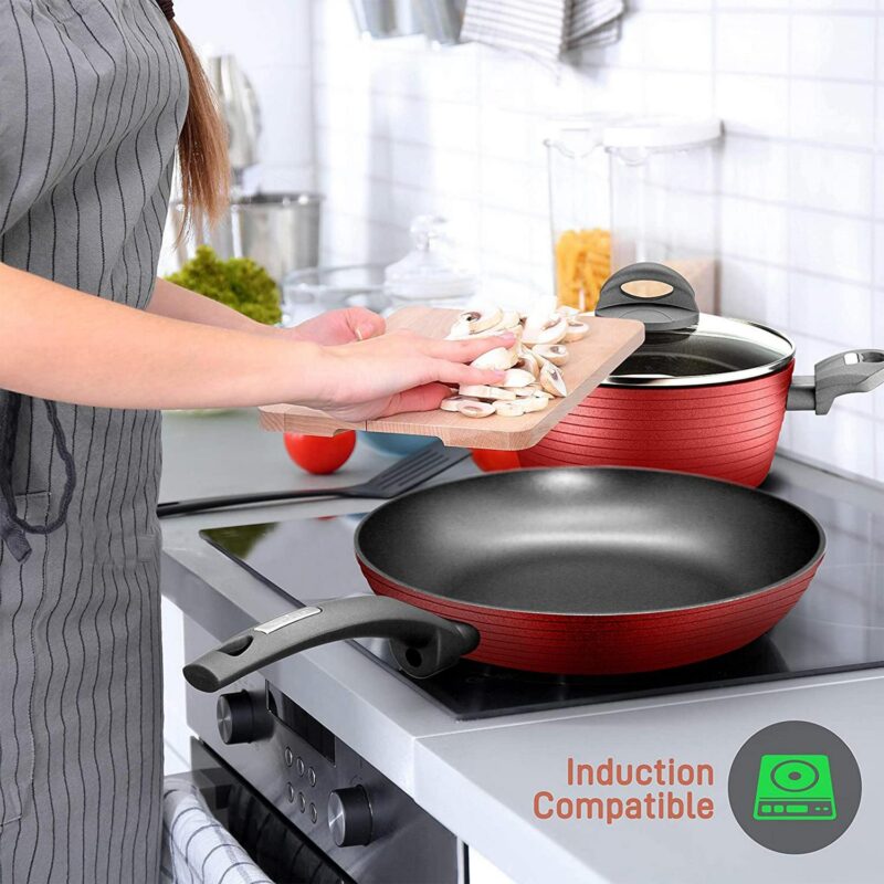 NutriChef Ridge Line Nonstick Kitchen Pots and Pans, 12 Piece Set, Red - Image 7