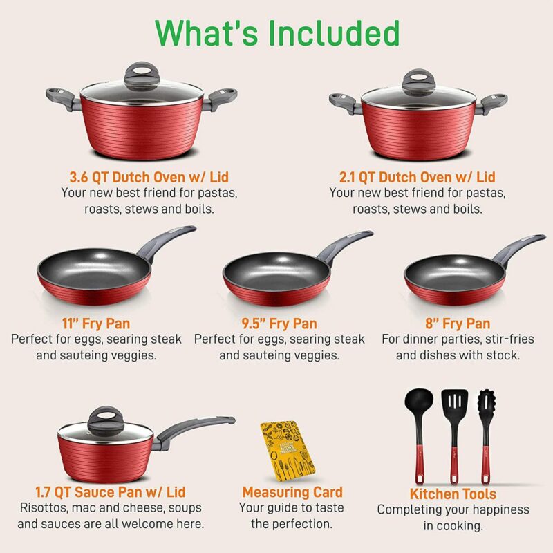 NutriChef Ridge Line Nonstick Kitchen Pots and Pans, 12 Piece Set, Red - Image 2