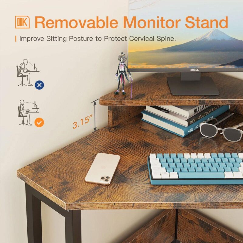 ODK Modern Triangle Corner Computer Writing Desk w/ Monitor Stand, Rustic Brown - Image 3