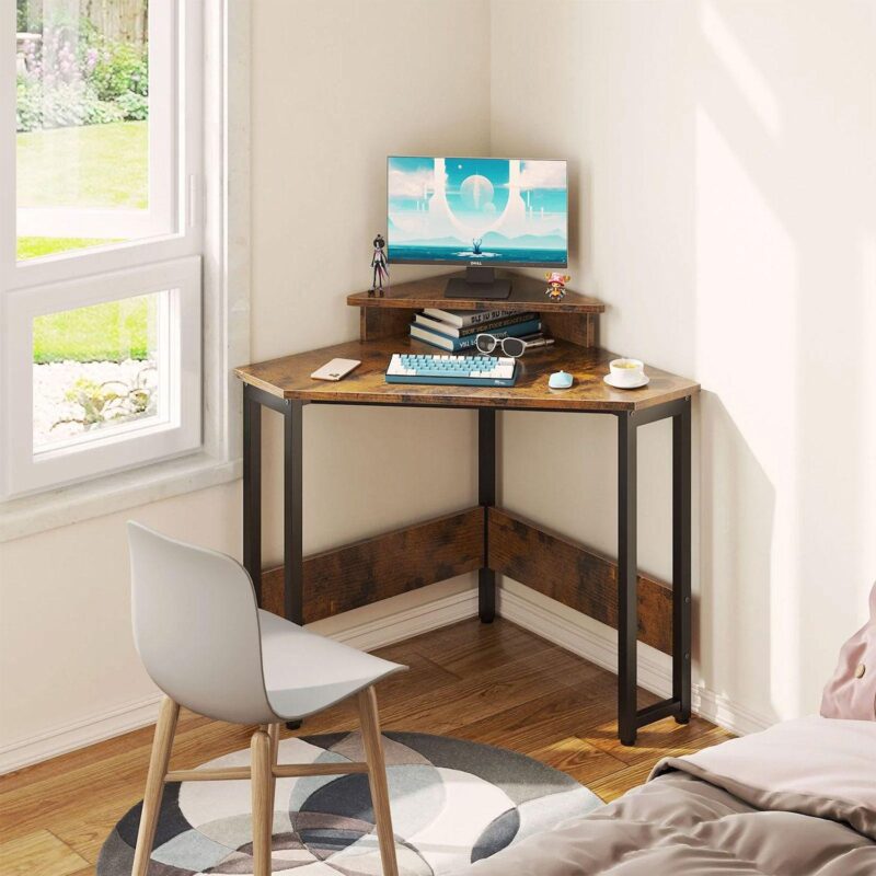 ODK Modern Triangle Corner Computer Writing Desk w/ Monitor Stand, Rustic Brown - Image 5