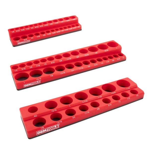 OEMTOOLS 22484 3 Piece SAE Magnetic Socket Tray Set, Magnetic Socket Organizers for Toolboxes, Rubberized Base, Holds Up To 68 Sockets, Red Socket Holder