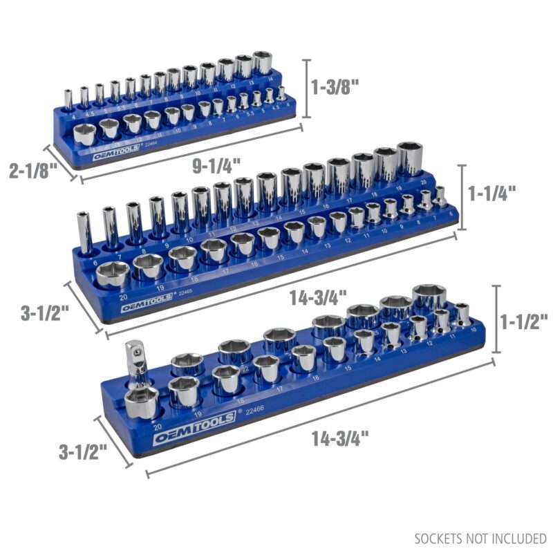 OEMTOOLS 22486 3 Piece Metric Magnetic Socket Tray Set, Magnetic Socket Organizer Holds Up to 75 Sockets in 1/4 , 3/8 , and 1/2  Sizes, Blue Magnetic Socket Holders - Image 4