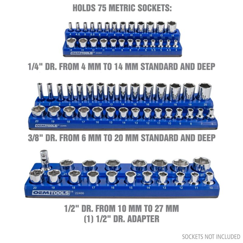 OEMTOOLS 22486 3 Piece Metric Magnetic Socket Tray Set, Magnetic Socket Organizer Holds Up to 75 Sockets in 1/4 , 3/8 , and 1/2  Sizes, Blue Magnetic Socket Holders - Image 7