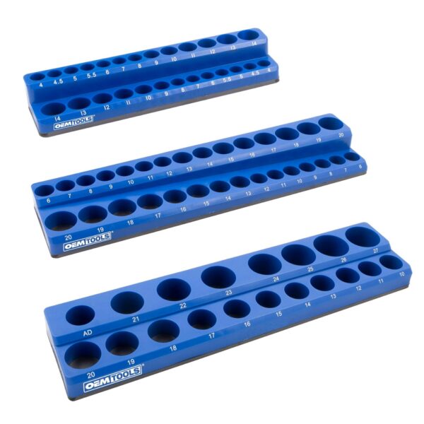 OEMTOOLS 22486 3 Piece Metric Magnetic Socket Tray Set, Magnetic Socket Organizer Holds Up to 75 Sockets in 1/4 , 3/8 , and 1/2  Sizes, Blue Magnetic Socket Holders