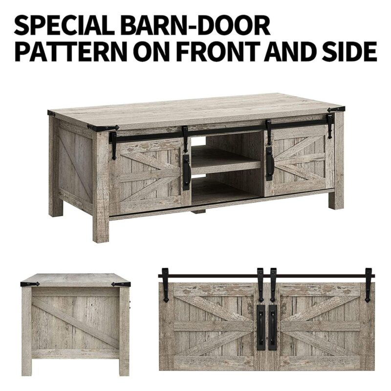 OKD Farmhouse 48 Inch Coffee Table with Sliding Barn Doors - Image 2