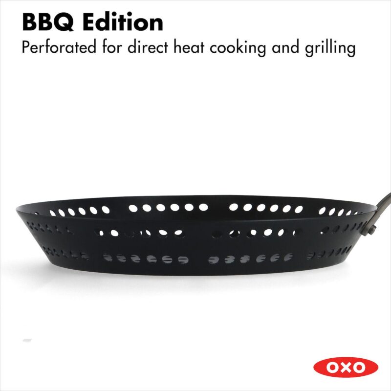 OXO Obsidian Pre-Seasoned Carbon Steel 12-in. Frypan with Holes for Grilling with Removable Silicone Handle Holder - Image 5
