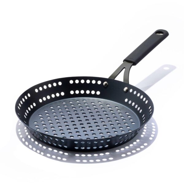 OXO Obsidian Pre-Seasoned Carbon Steel 12-in. Frypan with Holes for Grilling with Removable Silicone Handle Holder