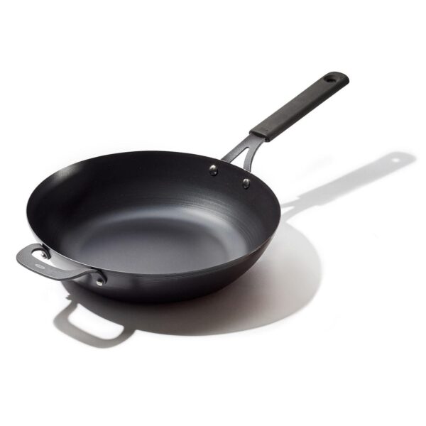 OXO Obsidian Pre-Seasoned Carbon Steel 12-in. Induction Wok Pan with Removable Silicone Handle Holder