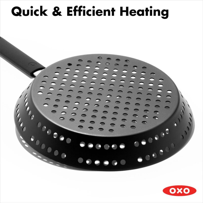 OXO Obsidian Pre-Seasoned Carbon Steel 12-in. Frypan with Holes for Grilling with Removable Silicone Handle Holder - Image 7