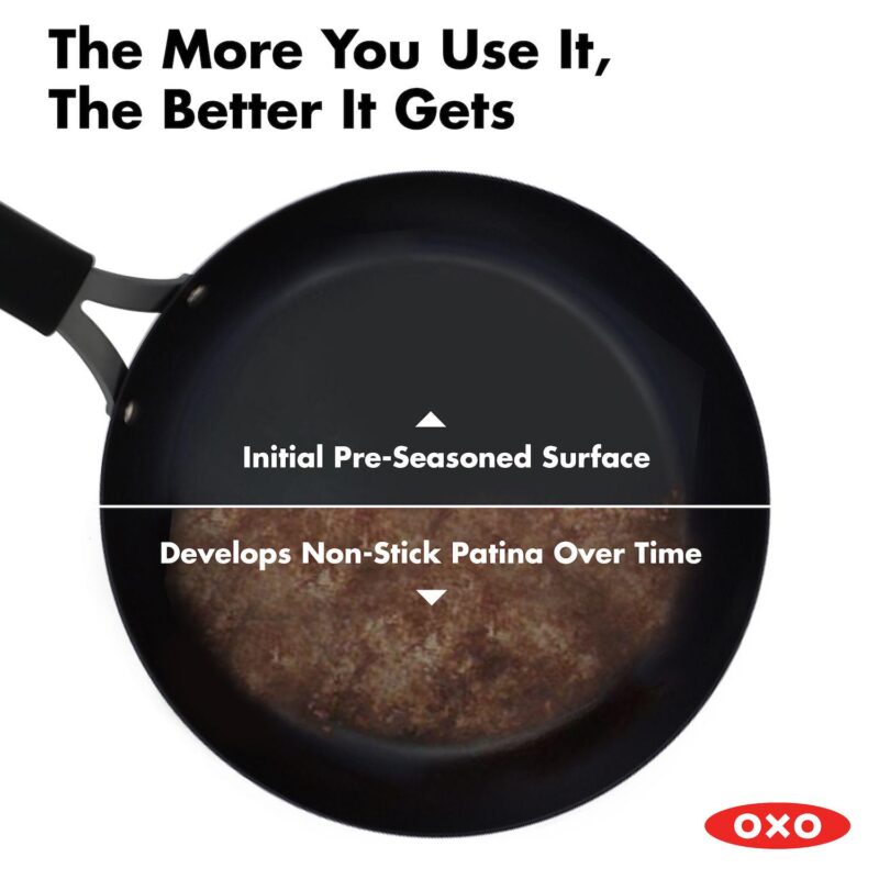 OXO Obsidian Pre-Seasoned Carbon Steel 12-in. Frypan with Holes for Grilling with Removable Silicone Handle Holder - Image 3