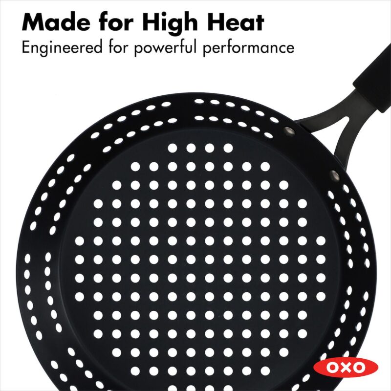 OXO Obsidian Pre-Seasoned Carbon Steel 12-in. Frypan with Holes for Grilling with Removable Silicone Handle Holder - Image 6