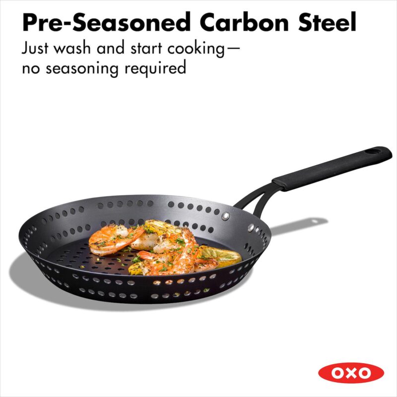 OXO Obsidian Pre-Seasoned Carbon Steel 12-in. Frypan with Holes for Grilling with Removable Silicone Handle Holder - Image 2