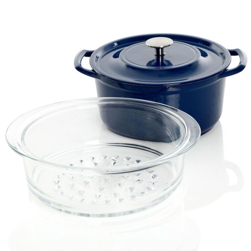 Oak Park 5 Quart Enameled Cast Iron Casserole with Lid and Glass Steamer in Blue - Image 3