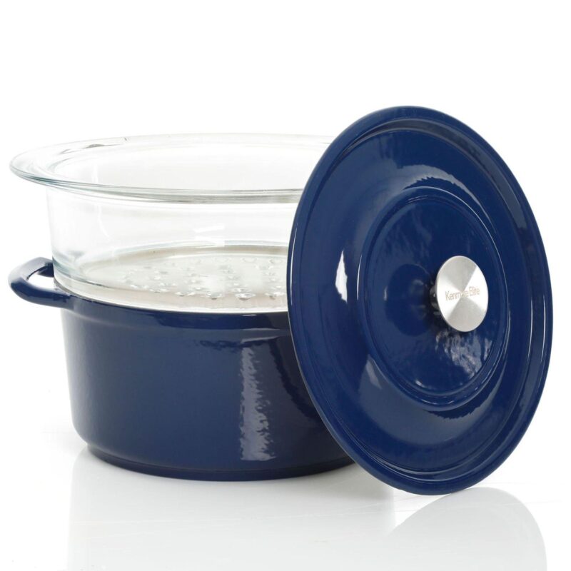 Oak Park 5 Quart Enameled Cast Iron Casserole with Lid and Glass Steamer in Blue - Image 4