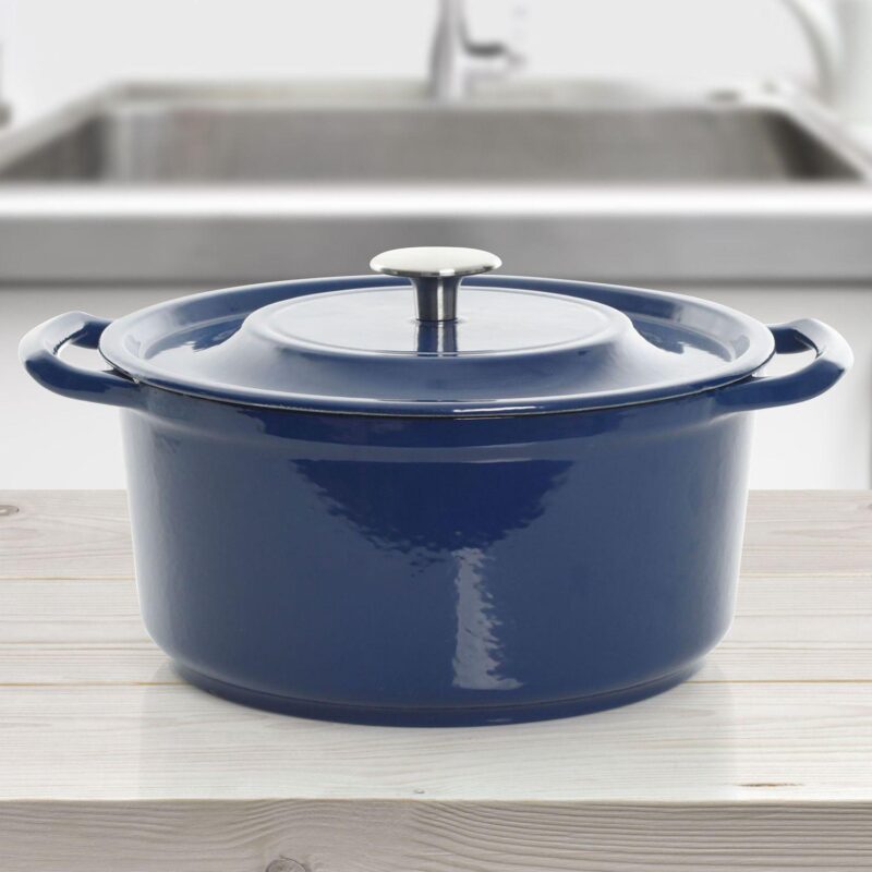 Oak Park 5 Quart Enameled Cast Iron Casserole with Lid and Glass Steamer in Blue - Image 5