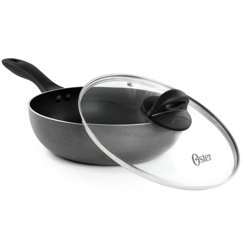 Oster Clairborne 9.5 Inch Non Stick Aluminum Wok with Lid in Granite Grey - Image 2