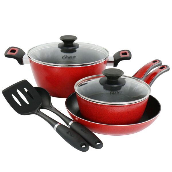 Oster Claybon 7 Piece Non Stick Aluminum Cookware Set in Red