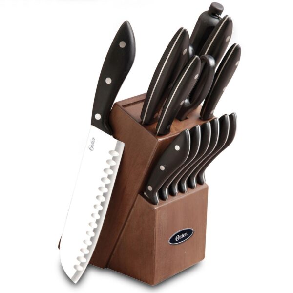 Oster Cocina Huxford 14 Piece Stainless Steel Cutlery Set with Black Handles and Wooden Block