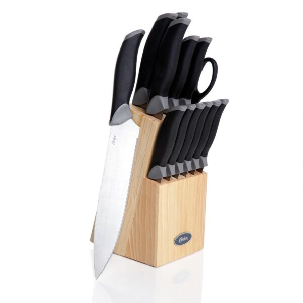 Oster Cocina Lingbergh 14 Piece Stainless Steel Cutlery Knife Set with Pine Wood Block