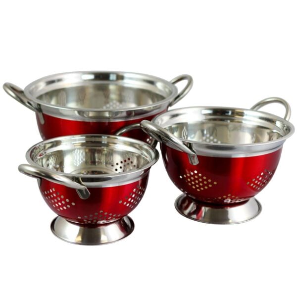 Oster Cocina Metaline 3 Pack Round Asian Colander, Metallic Red