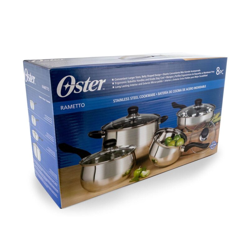 Oster Cocina Rametto 8 Piece Stainless Steel Kitchen Cookware Set with Glass Lids - Image 4
