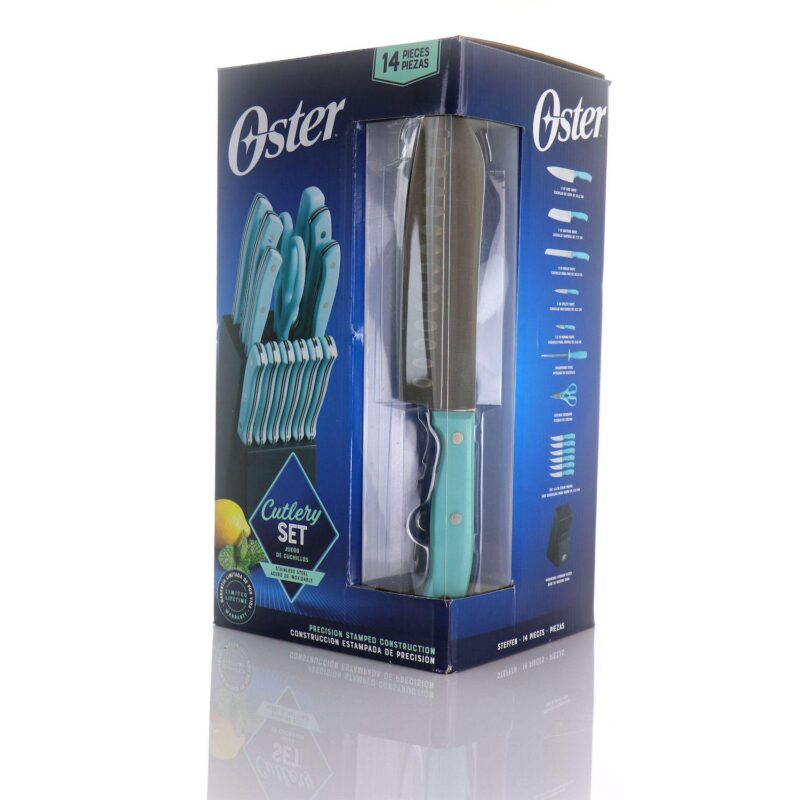 Oster Cocina Steffen 14 Piece Stainless Steel Cutlery Set with Storage Block in Blue - Image 3