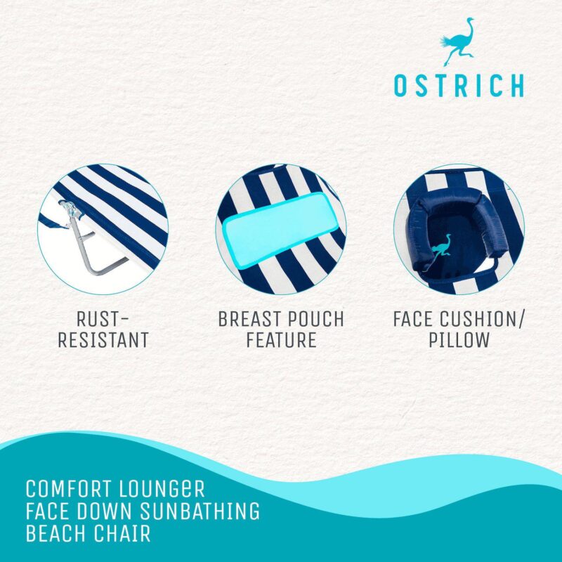 Ostrich Ladies Comfort Lounger, Beach Camping Pool Tanning Chair, Blue Stripe - Image 3