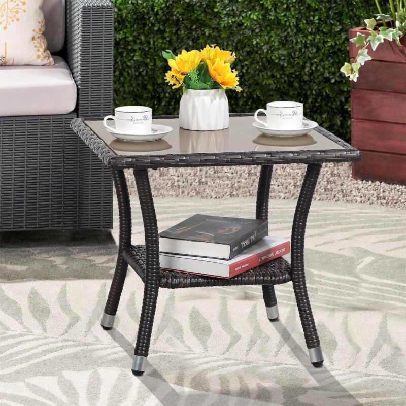 Outdoor Side Table, Patio Wicker Coffee Table Tempered Glass Top End Table With Aluminum Frame - Image 2