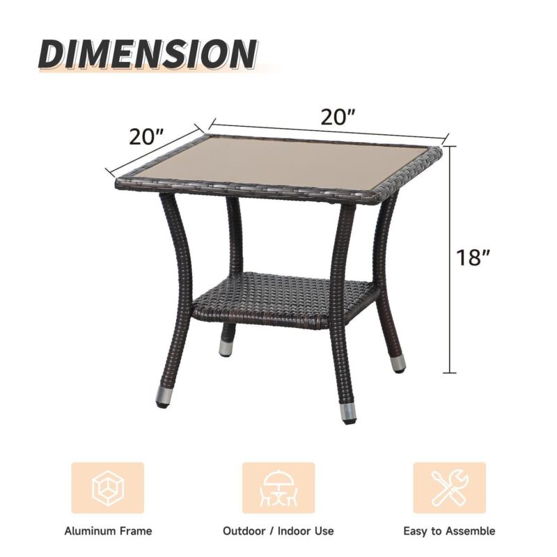 Outdoor Side Table, Patio Wicker Coffee Table Tempered Glass Top End Table With Aluminum Frame - Image 3