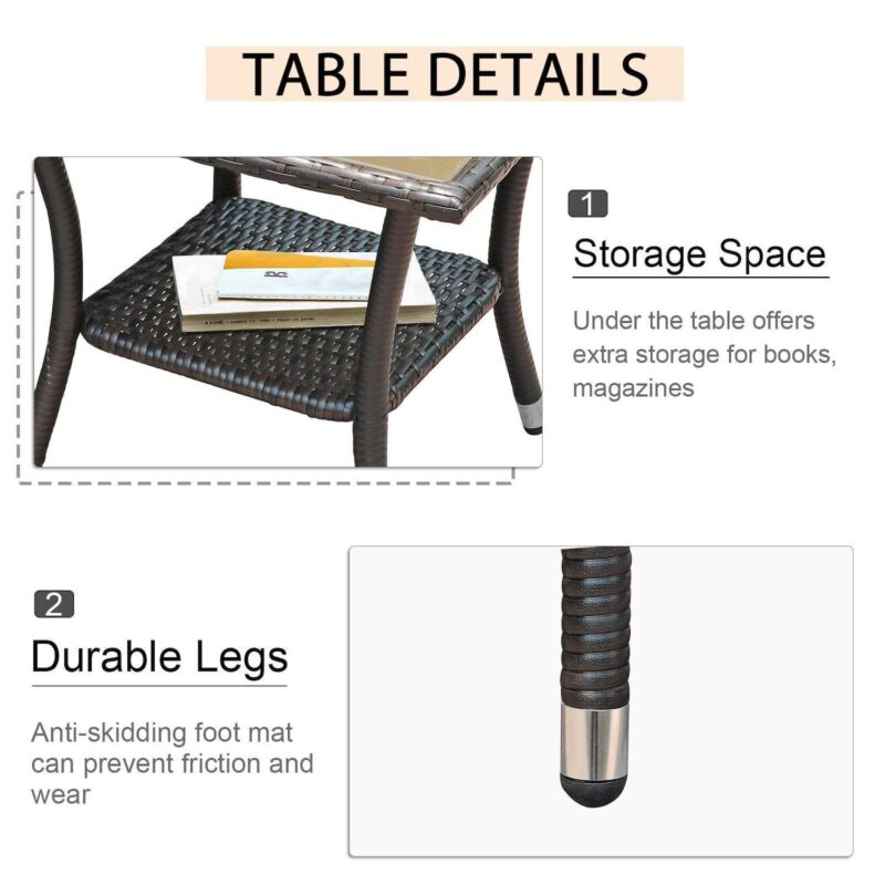 Outdoor Side Table, Patio Wicker Coffee Table Tempered Glass Top End Table With Aluminum Frame - Image 5