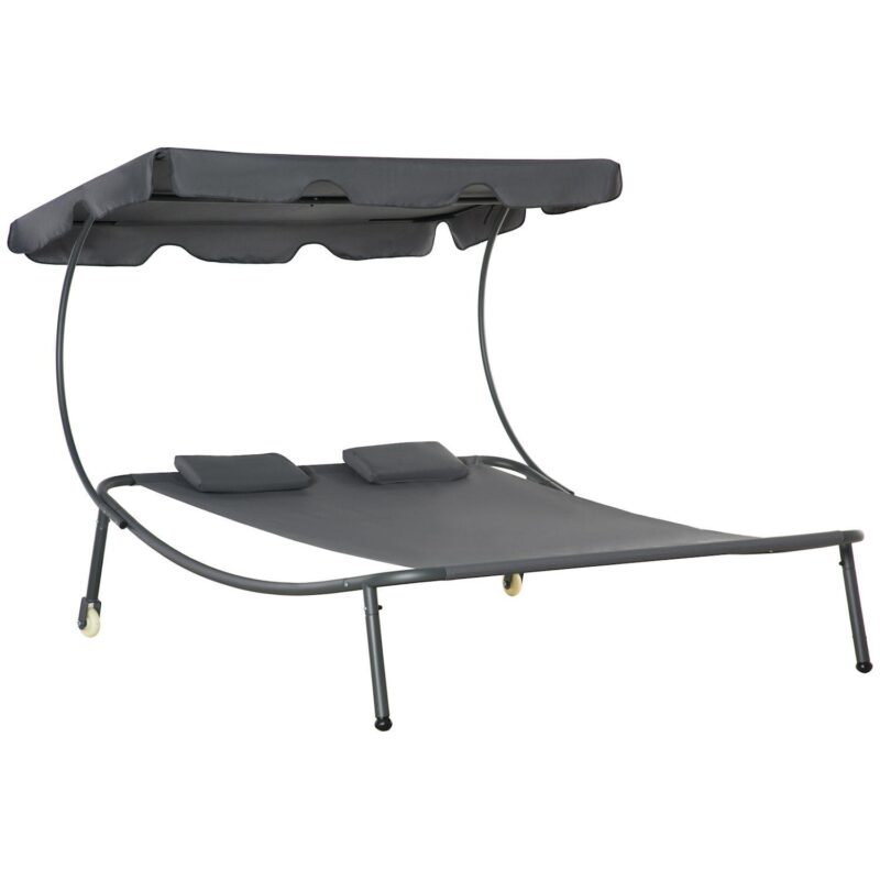 Outsunny Patio Double Chaise Lounge Chair, Outdoor Wheeled Hammock Daybed with Adjustable Canopy and Pillow for Sun Room, Garden, or Poolside, Grey - Image 7