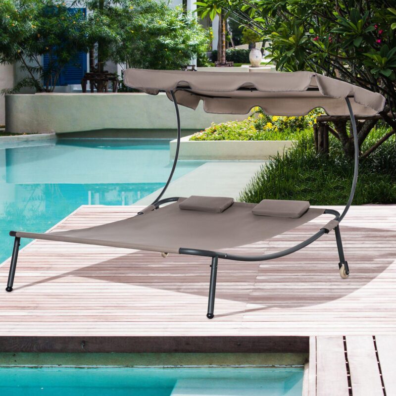 Outsunny Patio Double Chaise Lounge Chair, Outdoor Wheeled Hammock Daybed with Adjustable Canopy and Pillow for Sun Room, Garden, or Poolside, Grey - Image 2