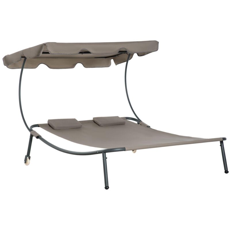 Outsunny Patio Double Chaise Lounge Chair, Outdoor Wheeled Hammock Daybed with Adjustable Canopy and Pillow for Sun Room, Garden, or Poolside, Grey - Image 6