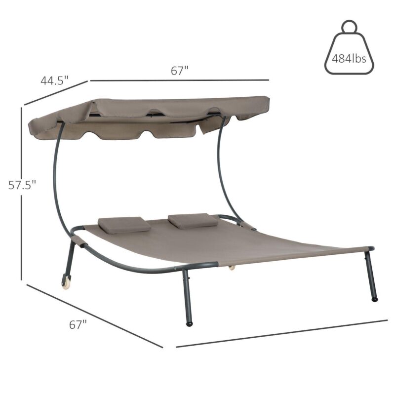Outsunny Patio Double Chaise Lounge Chair, Outdoor Wheeled Hammock Daybed with Adjustable Canopy and Pillow for Sun Room, Garden, or Poolside, Grey - Image 3
